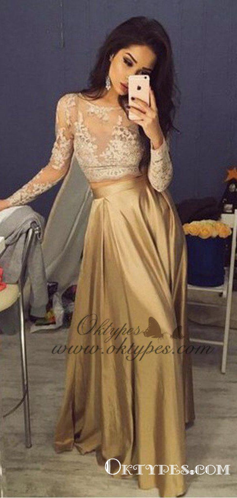 Two Piece Crew Long Sleeves Gold Elastic Satin Long Prom Dresses with Lace, TYP1620