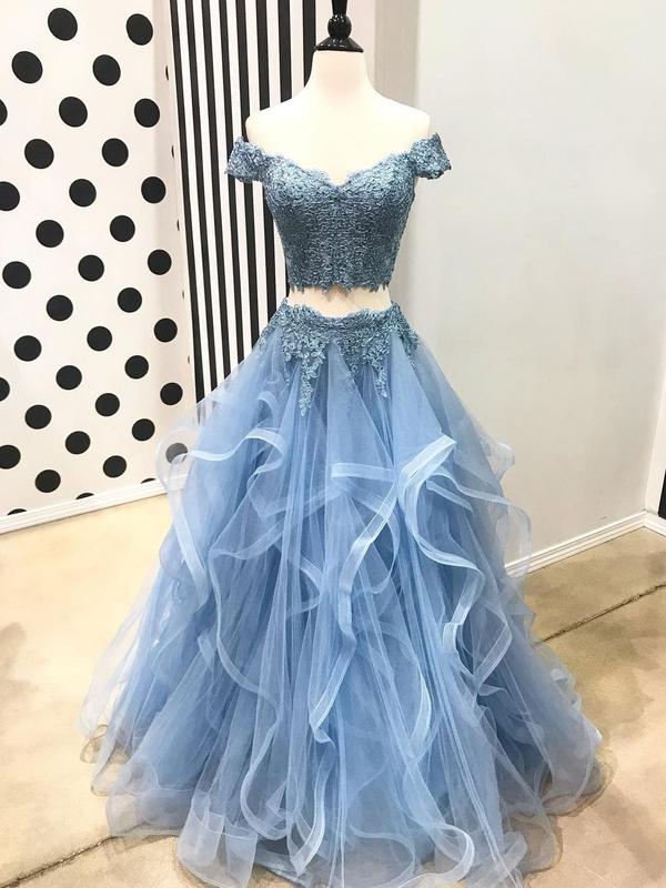 Off the Shoulder Two Piece Prom Dresses,Lace 2 Piece Formal Dresses, T – Oktypes
