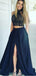 Two Piece High Neck Dark Blue Satin Prom Dresses with Lace&Split, TYP1282