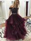 Two Piece Off-the-Shoulder Long Cheap Maroon Tulle Prom Dresses with Beaded, TYP1283