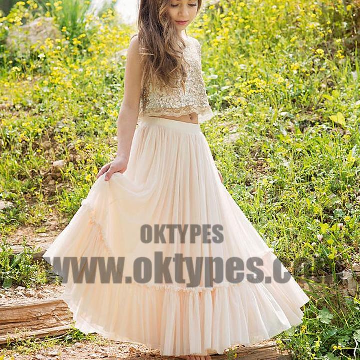 2 Pieces Sequin Top Blush Pink Chiffon Skirt Flower Girl Dresses, Junior Bridesmaid Dresses, TYP0529
