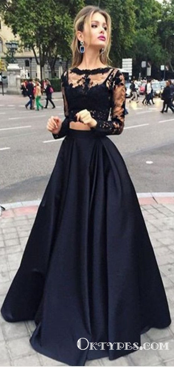 Black Two Piece Long Sleeve Prom Dresses, A-line Lace Two Piece Long P Oktypes Black Two Piece Long Sleeve Prom Dresses, A-line Lace Two Piece Long P Oktypes
