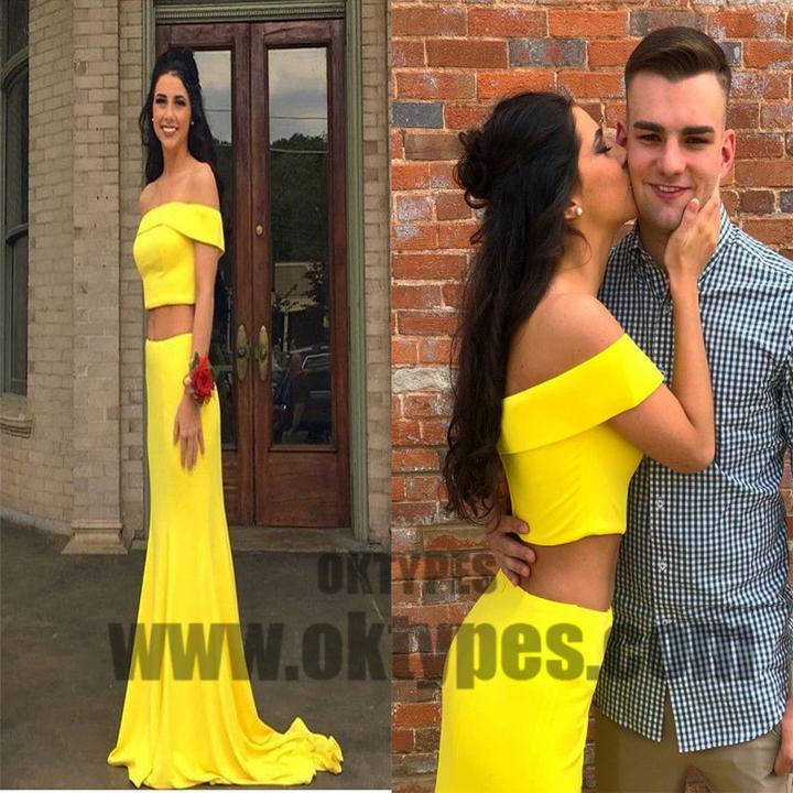 Two Piece Yellow Soft Satin Prom Dresses, Long Mermaid Cute Prom Dresses, TYP0582