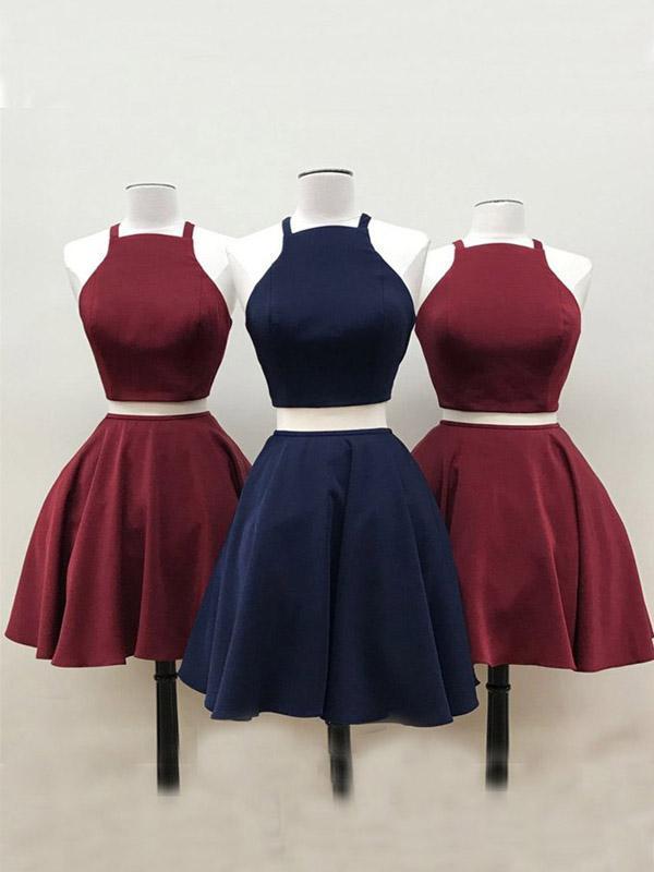 Simple Two Pieces Halter Burgundy Cheap Short Homecoming Dresses 2018, CM553