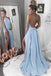 Sexy Halter Light Blue Backless Chiffon Long Prom Dresses with Split, TYP1438