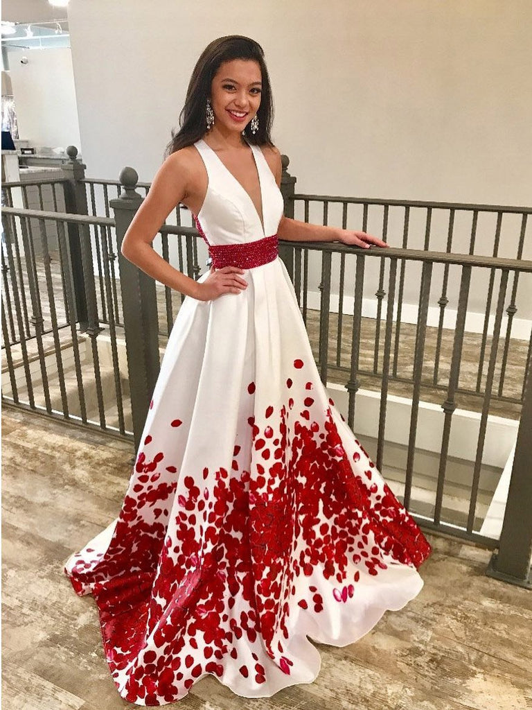 Red Beaded Floral Printed Long Prom Dresses with Deep V-Neck Formal Dress Plus Size, TYP1227