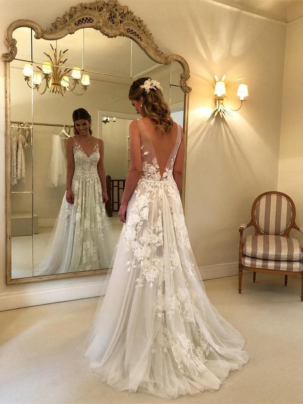Lace Applique Ivory Beach Wedding Dresses V Neck Backless Wedding Dres Oktypes Lace Applique Ivory Beach Wedding Dresses V Neck Backless Wedding Dres Oktypes