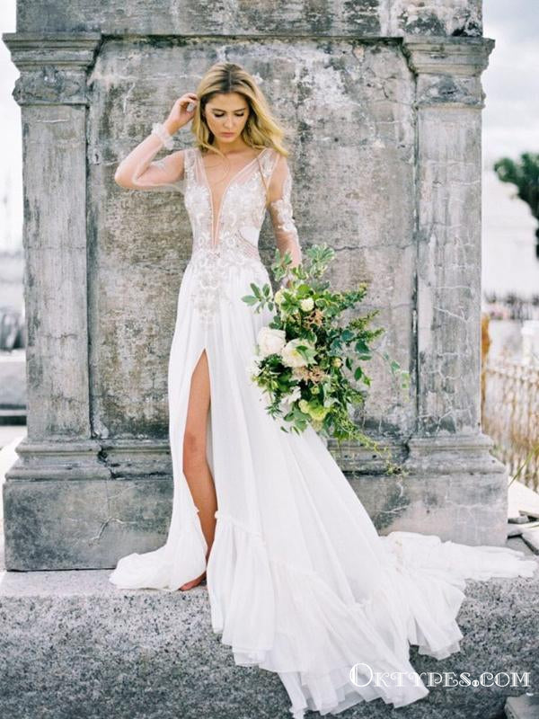 Beautifully Elaborated Sheer Long Sleeves And High Collar Illusion Lace  Applique Wedding Dress With High Side Slit