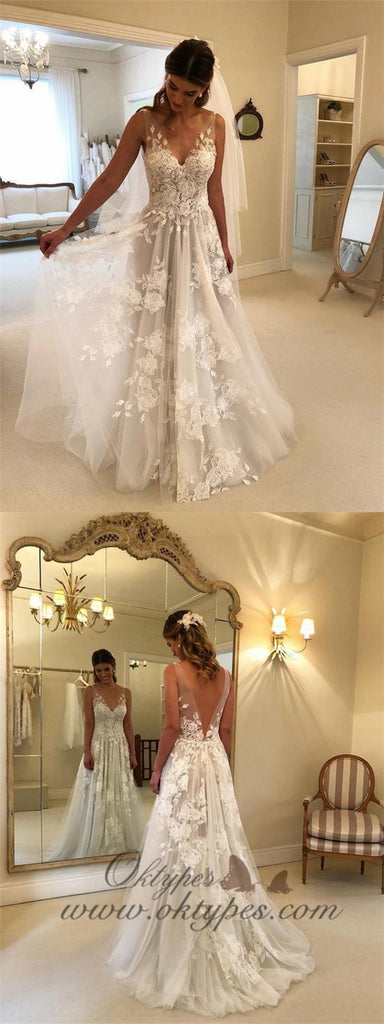 Lace Applique Ivory Beach Wedding Dresses V Neck Backless Wedding Dresses, TYP1244