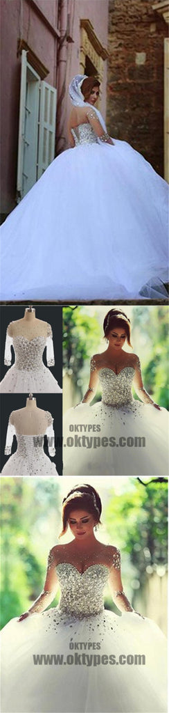Gorgeous Illusion Long Sleeve Beaded Rhinestone Lace Up Ball Gown Wedding Dress, TYP0518