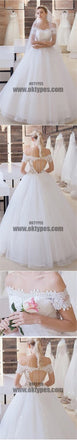 Vantage Off Shoulder Short Sleeve Lace Top Open Back Tulle Wedding Dresses, TYP0520