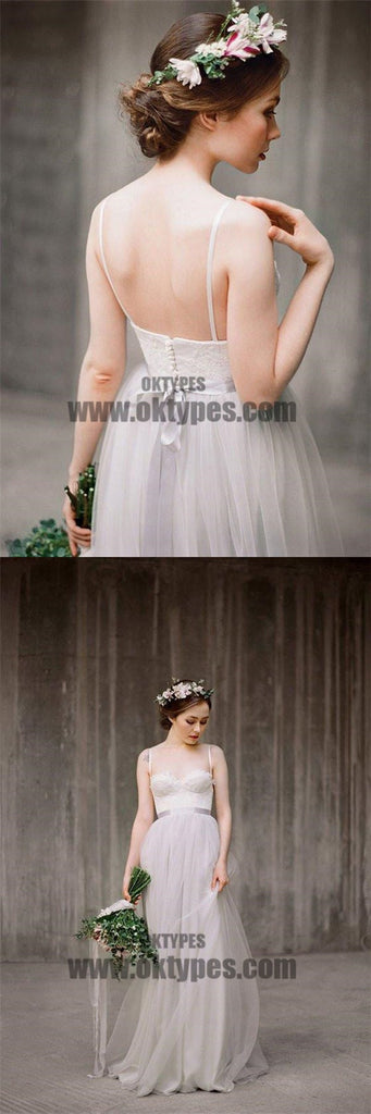 Spaghetti Lace Top Light Grey A-line Simple Design Wedding Dresses, Beach Wedding Dresses, TYP0601