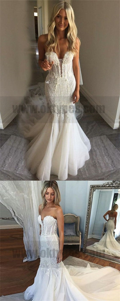 Mermaid Sweetheart Court Train Tulle Wedding Dress with Lace, Cheap Wedding Dresses, TYP0731