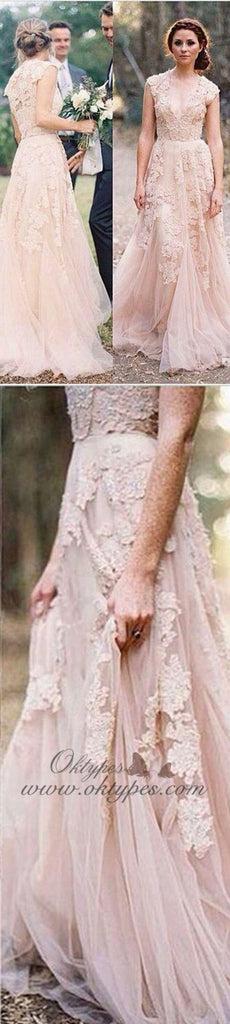 Charming Pink Lace Sexy V-neck Long Sheath Tulle Wedding Party Dresses Online, TYP1177