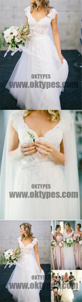 V Neck Lace Cap Sleeves Cheap Custom Long Wedding Bridal Dresses, TYP0496