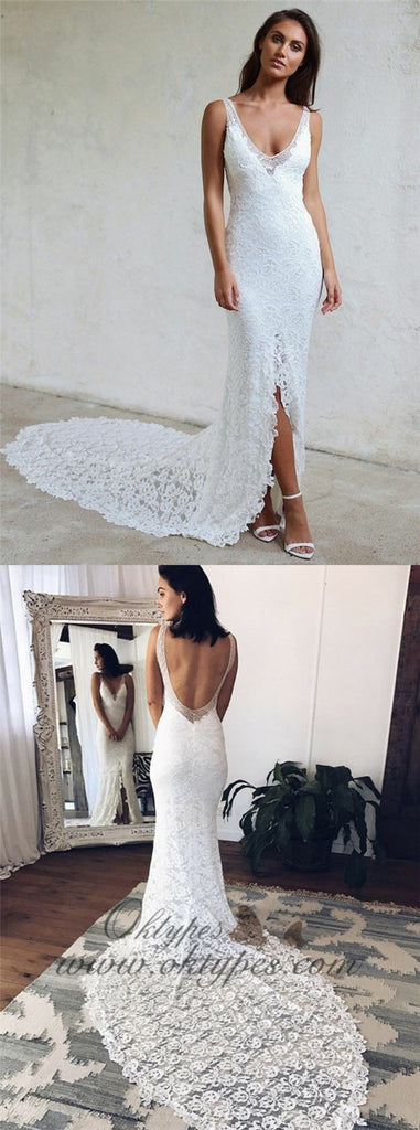 Tight  V-Neck Court Train Backless Lace Long Wedding Dresses with Split, TYP1541