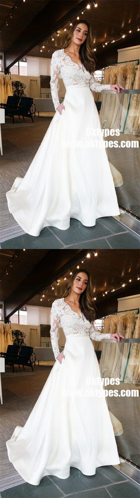 A-Line V-Neck Lace Top Long Sleeves Satin Wedding Party Dress with Pockets, TYP0896