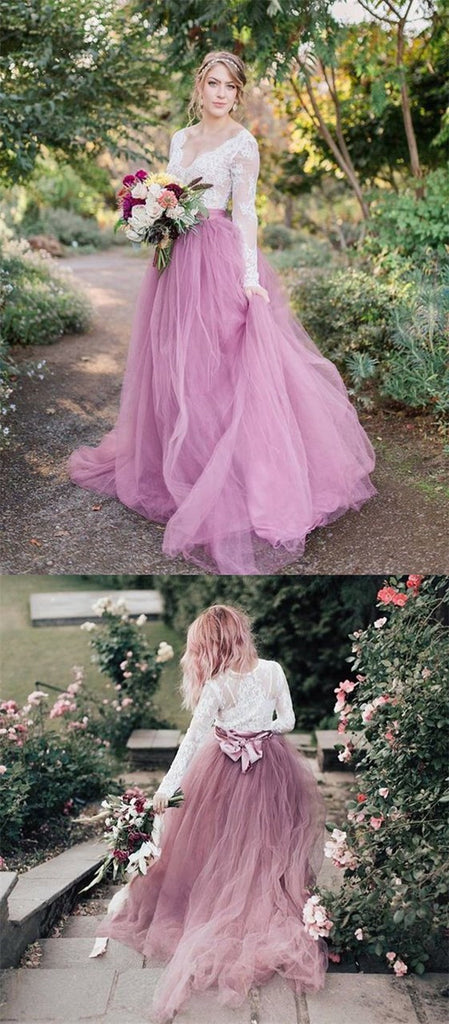 A-Line V-Neck Long Sleeves Pink Tulle Wedding Dresses with Lace Appliques, TYP1017