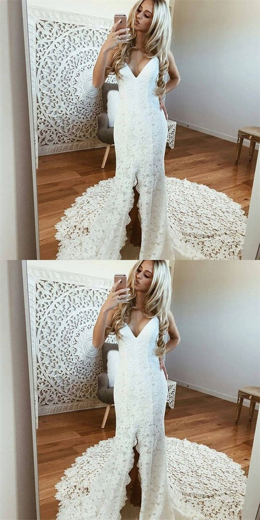 Sexy Spaghetti Straps Sleeveless White Lace Wedding Dresses with Split, TYP1111