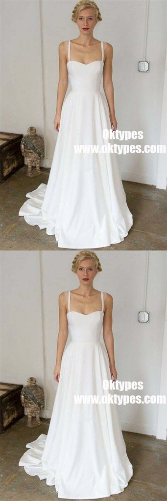 A-Line Straps Sweep Train Sleeveless Stain Simple Wedding Dresses, TYP0918