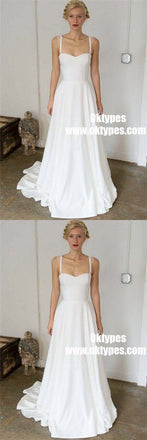 A-Line Straps Sweep Train Sleeveless Stain Simple Wedding Dresses, TYP0918