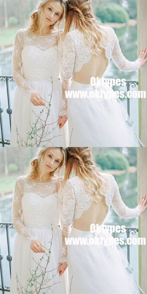 A-Line Round Neck Open Back Tulle wedding Dress with Lace Sleeves, TYP0900