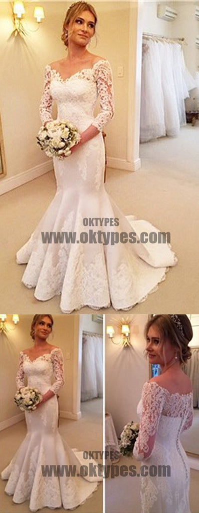 Charming Off Shoulder Long Sleeve Mermaid White Satin Lace Wedding Dresses, TYP0516