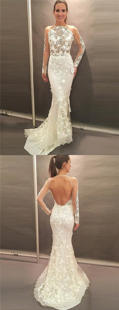 Mermaid Jewel Long Sleeves Sweep Train Open Back Wedding Dresses with Appliques, TYP1016