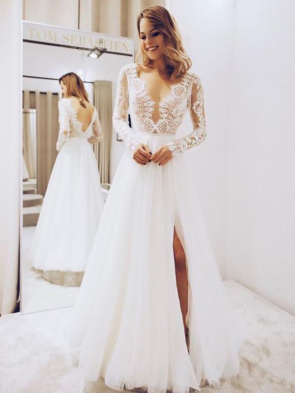 Long Sleeve Sexy V-neck Side Slit A-line Long Cheap Wedding Dresses, W Oktypes Long Sleeve Sexy V-neck Side Slit A-line Long Cheap Wedding Dresses, W Oktypes