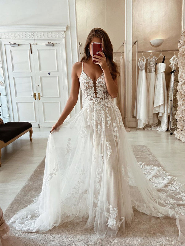 Spaghetti Strap Lace Appliqued Tulle A-line Long Cheap Wedding Dresses Oktypes Spaghetti Strap Lace Appliqued Tulle A-line Long Cheap Wedding Dresses Oktypes