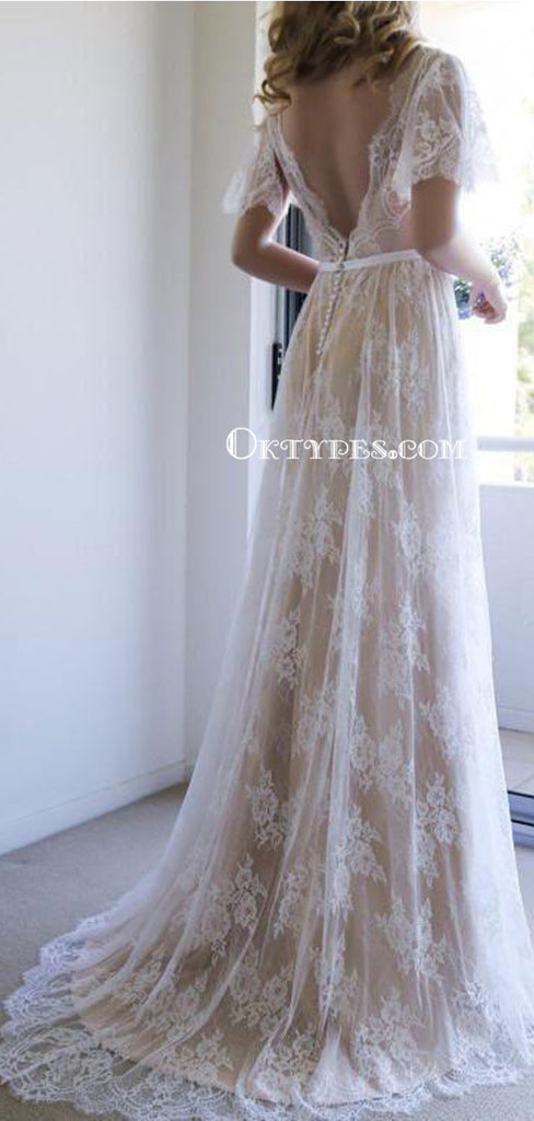 Short Sleeve V-Neck Sweep Train Lace Boho Wedding Dresses Online, TYP0996