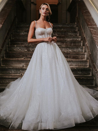 Sparkly Ivory Lace Spaghetti Strap A-line Long Cheap Wedding Dresses, WDS0061