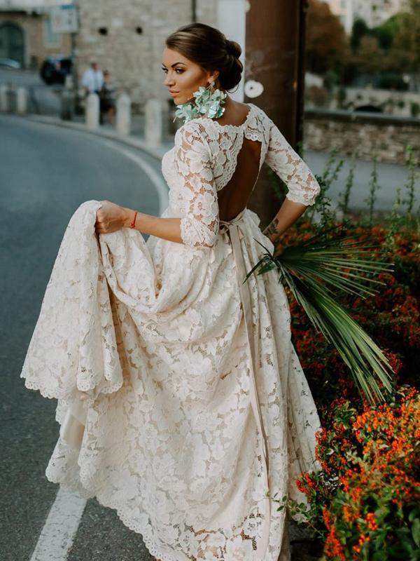 Elegant Lace Half Sleeve Open Back A-line Long Cheap Wedding Dresses, WDS0022