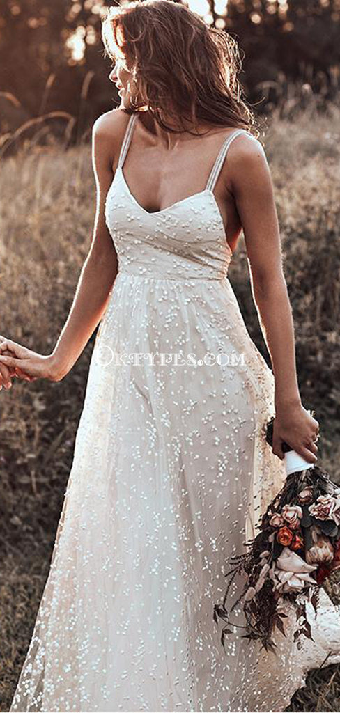 Open Back Straps Long Train A-line Lace Simple Bridal Gown Wedding Dresses, TYP1375