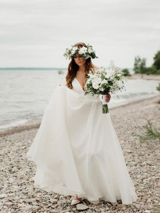 Simple Spaghetti Strap V-neck Off-White Organza A-line Long Cheap Wedding Dresses, WDS0015