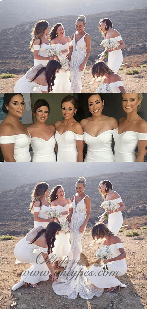 White Mermaid Off-the-Shoulder Long White Bridesmaid Dresses, TYP1559