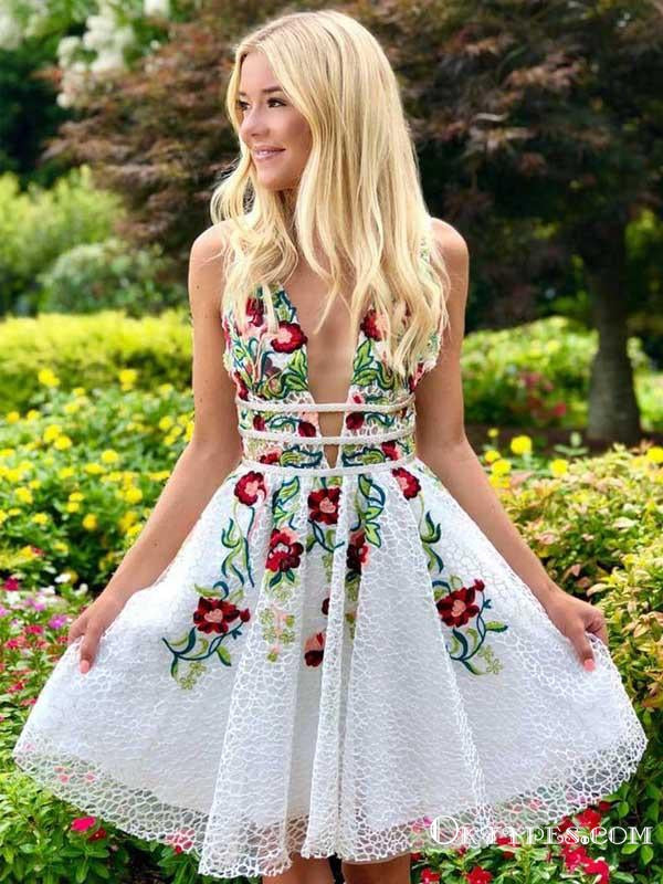 Modest A-Line Deep V Neck Backless White Short Homecoming Dresses with Oktypes Modest A-Line Deep V Neck Backless White Short Homecoming Dresses with Oktypes