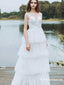 Charming White V-neck Long Cheap Tulle Prom Dresses With Applique, TYP1641