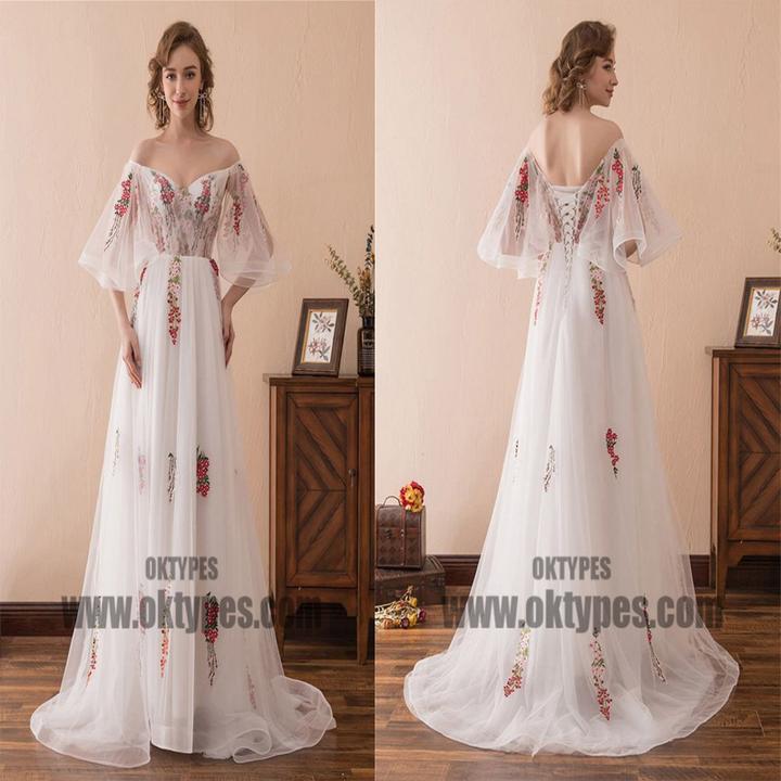 White Long mermaid Off Shoulder Half Sleeve Backless Lace Up Appliques Prom Dresses, TYP0503