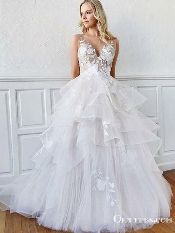 Romantic A-Line V Neck Open Back Tiered White Tulle Long Wedding Dress – Oktypes