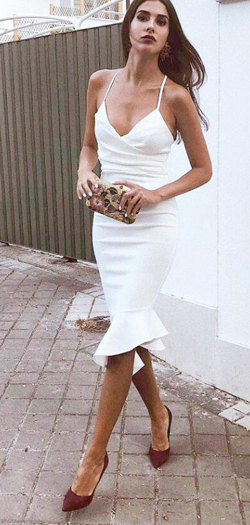 Spaghetti Straps Knee Length White Short Tight Cocktail Homecoming Dresses, TYP0981