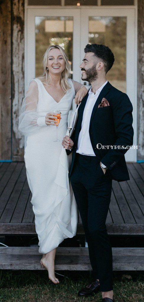 Simple V-neck Sleeves White Tulle Long Cheap Wedding Dresses, WDS0026