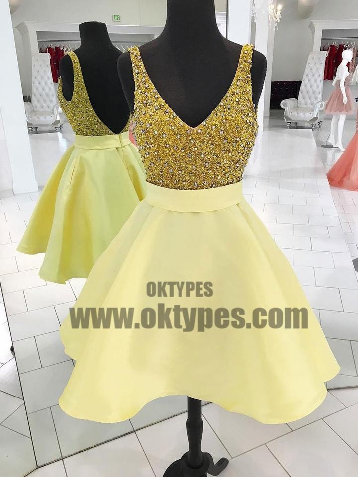 V Neck Yellow Beaded Backless Cheap Cute Simple Homecoming Dresses 2018, TYP0660
