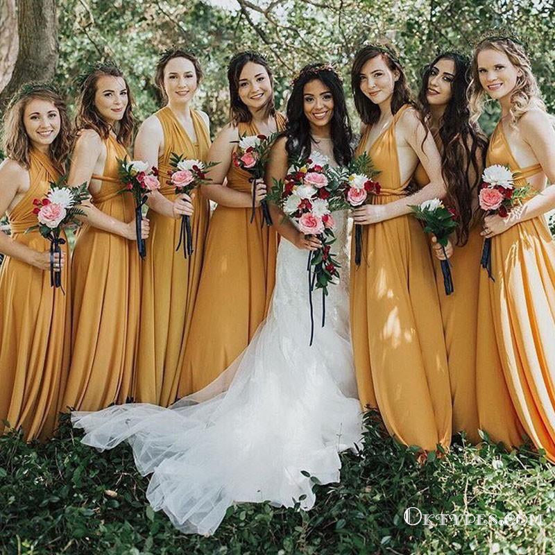 A-Line V-neck Long Cheap Yellow Jersey Convertible Bridesmaid Dresses, – Oktypes