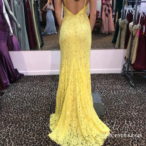 Elegant Yellow Lace Long Cheap Evening Prom Dresses With Slit, TYP1727