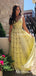 Spaghetti Straps V-neck Charming Sleeveless Long Cheap Yellow Tulle Appliqued Prom Dresses, TYP2092
