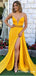Sexy Deep V-Neck Long Cheap Split Yellow Prom Dresses with Beaded, TYP1681