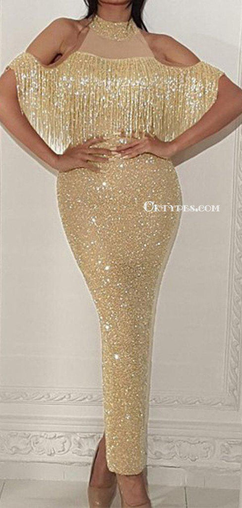 Sparkly Yellow Sequin Halter Sleeveless Mermaid Long Cheap Formal Evening Prom Dresses, PDS0077