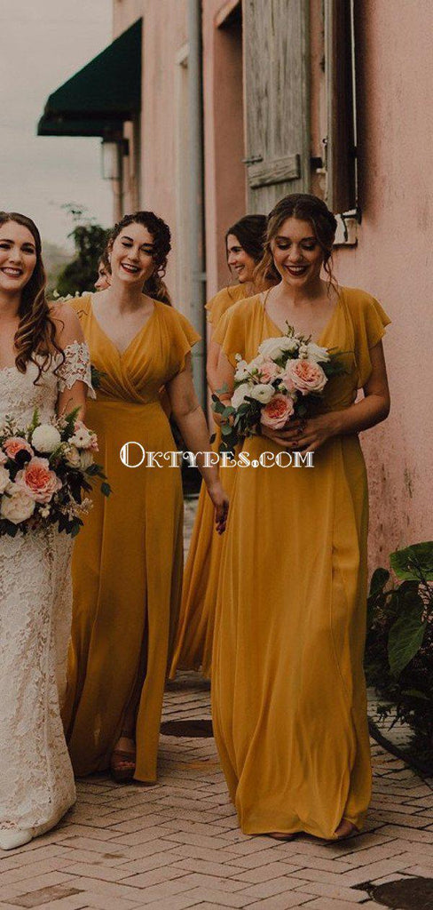 Yellow V-neck Cap Sleeve Chiffon A-line Long Cheap Bridesmaid Dresses, BDS0075
