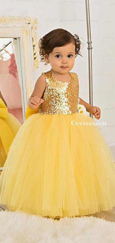 Cute Round Neck Yellow Tulle Sequin Long Cheap Ball Gown Flower Girl D – Oktypes